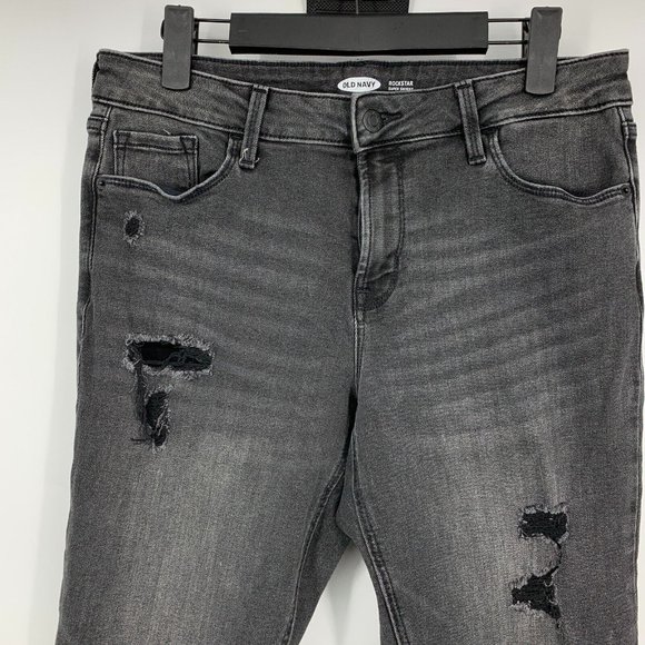 Old Navy Rockstar Jeans Distresssed Super Skinny Gray Black Mid Rise - Picture 2 of 10